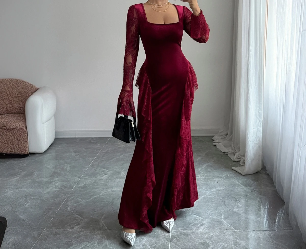 

Elegant Lace Border Square Neck Long Skirt Dress for Women's Clothing Autumn/winter 2025