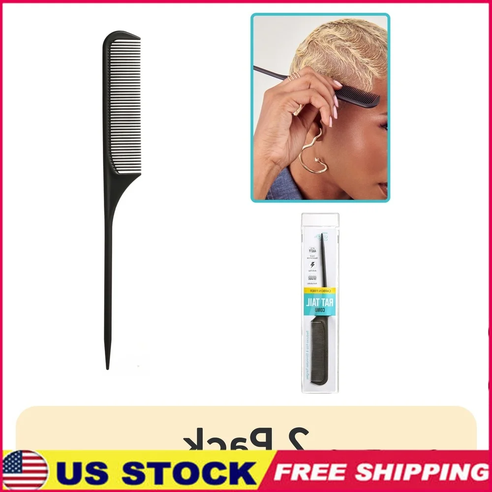 2 Pack Professional Carbon Fiber Rat Tail Comb Heat Resistant Anti-Static Hair Styling Tool Detangling Grooming All Hair Types