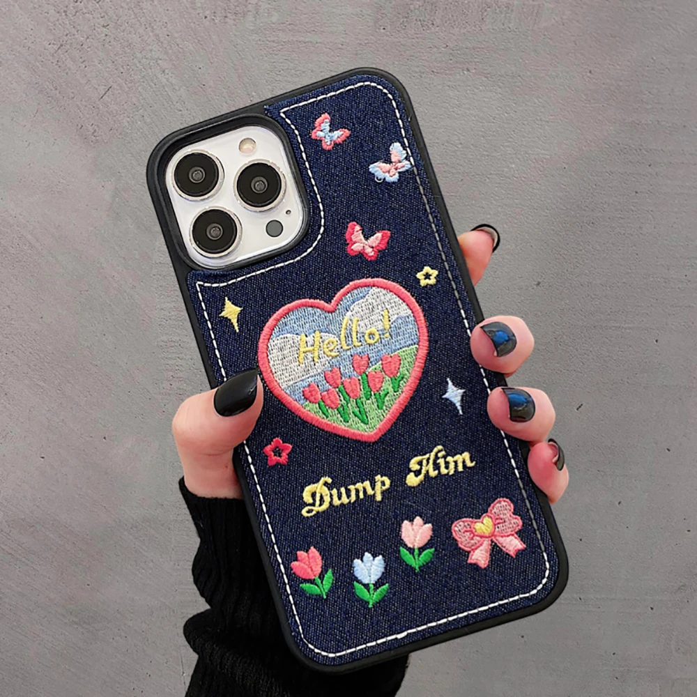 Cute Denim Fabric Embroidery Flower Winter Warm Phone Case For iPhone 15 14 13 12 11 Pro Max XS XR X Silicone Cover Protector