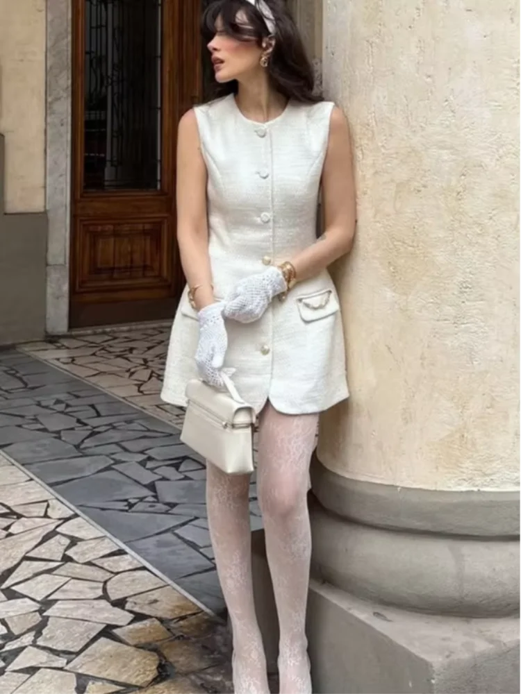 فستان أنيق بخصر من التويد للنساء بدون أكمام ورقبة مستديرة وصدر واحد على شكل حرف a فساتين نسائية جديدة يومية غير رسمية #1