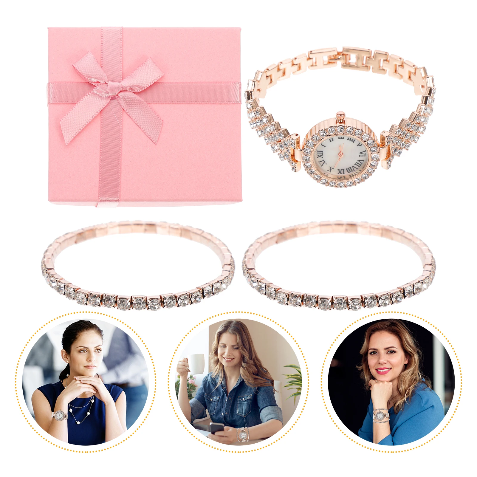 

2Pcs Rhinestone Quartz Watch Bracelet Set Silver Fashion Ladies Watches Jewelry Gifts for Women Daily Stylish Accessories