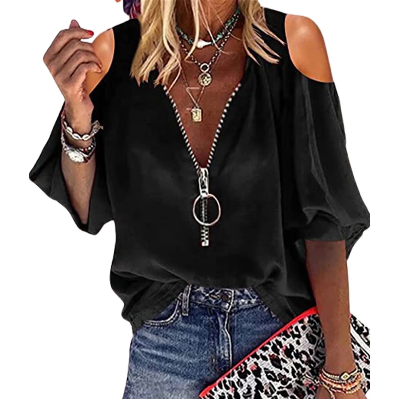 Women's Ultra-thin Shirt Blouse V-neck Front Zipper Puff Sleeve Shirts for Spring Fall Daily Wear