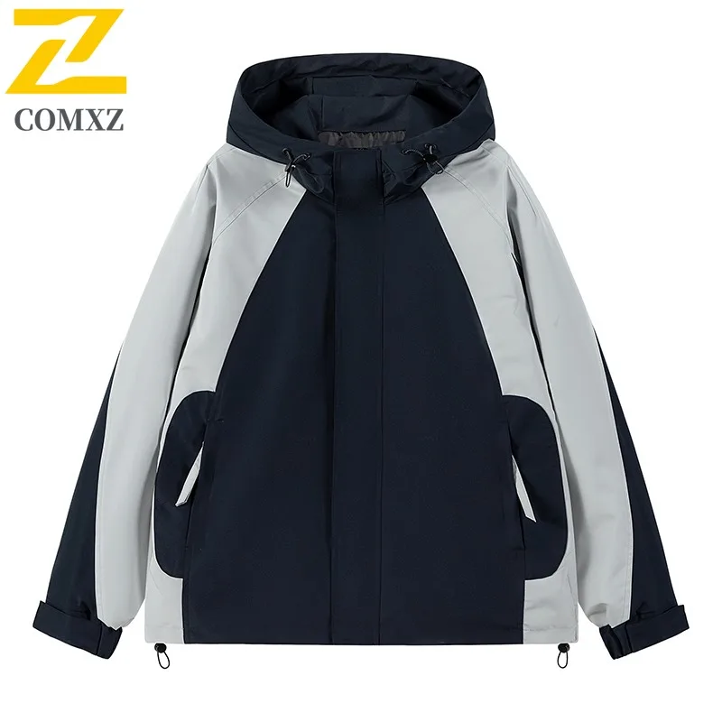 

COMXZ Mens Splicing Jacket 2025 New Trendy Hooded Outdoor Camping Lightweight Coat Adventure Wear Resistant Autumn Garment