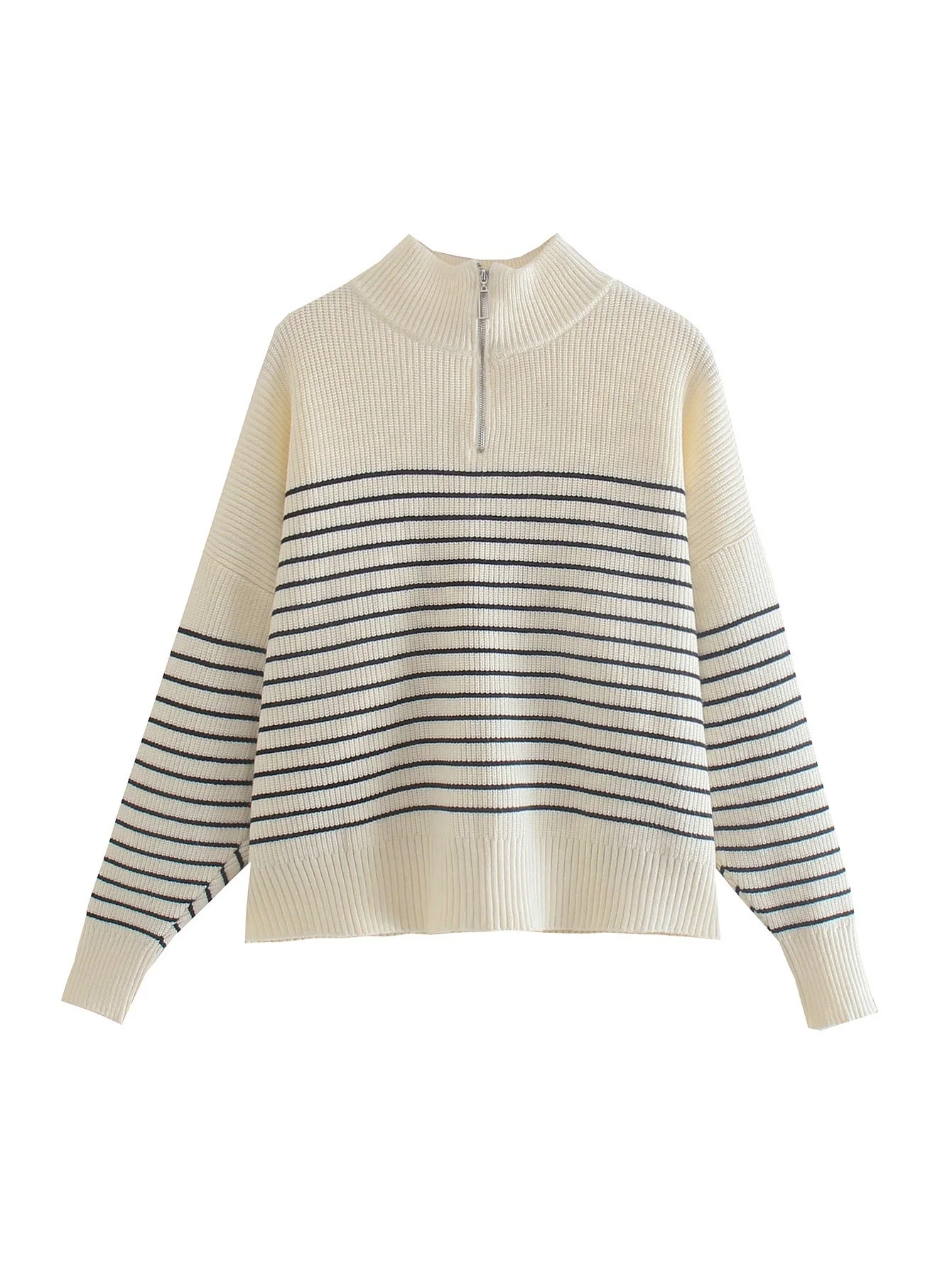 KONDALA Sweaters Vintage Women 2022 Fashion Stripe Loose Zipper Knitting Sweaters Long Sleeve Female Pullover Tops Casual Blouse