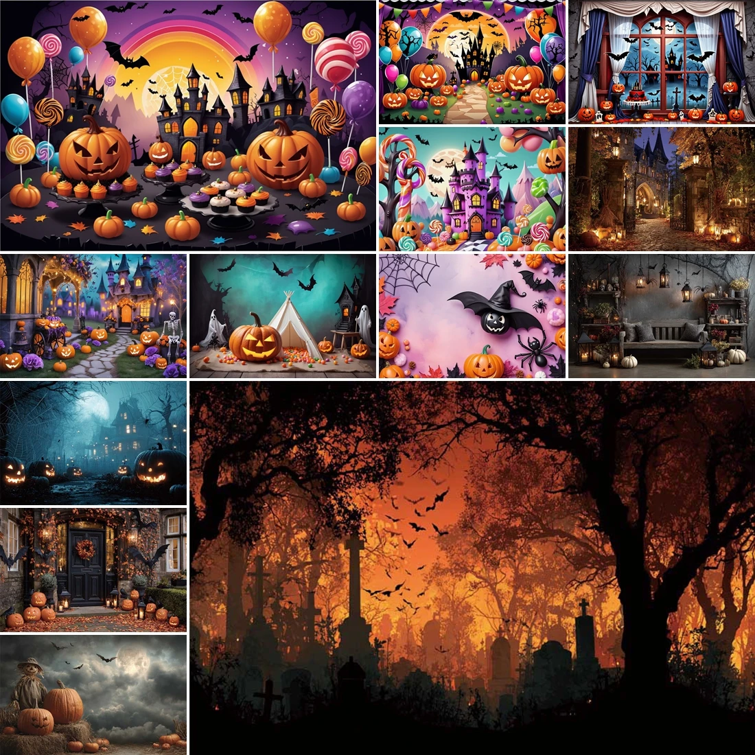 

MOON.QG Halloween Decor Backdrops Candies Castle Colorful Balloons Photo Background Party Photocall Studio Newborn Shooting