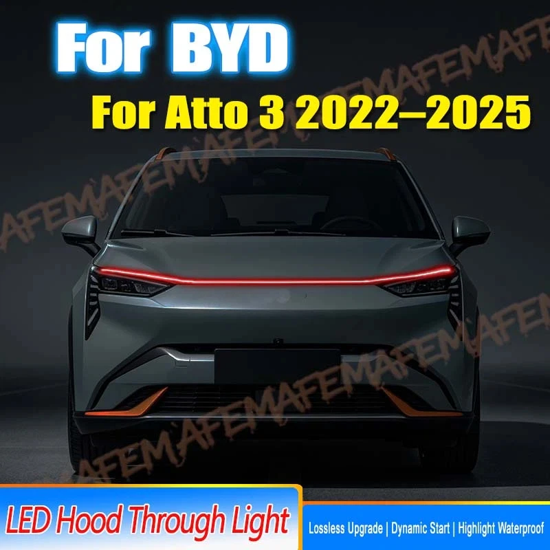 Car Engine Hood Decorative Light Bar Waterproof DRL LED Strip For BYD Atto 3 2022-2025 Daytime Running Light Start-Scan