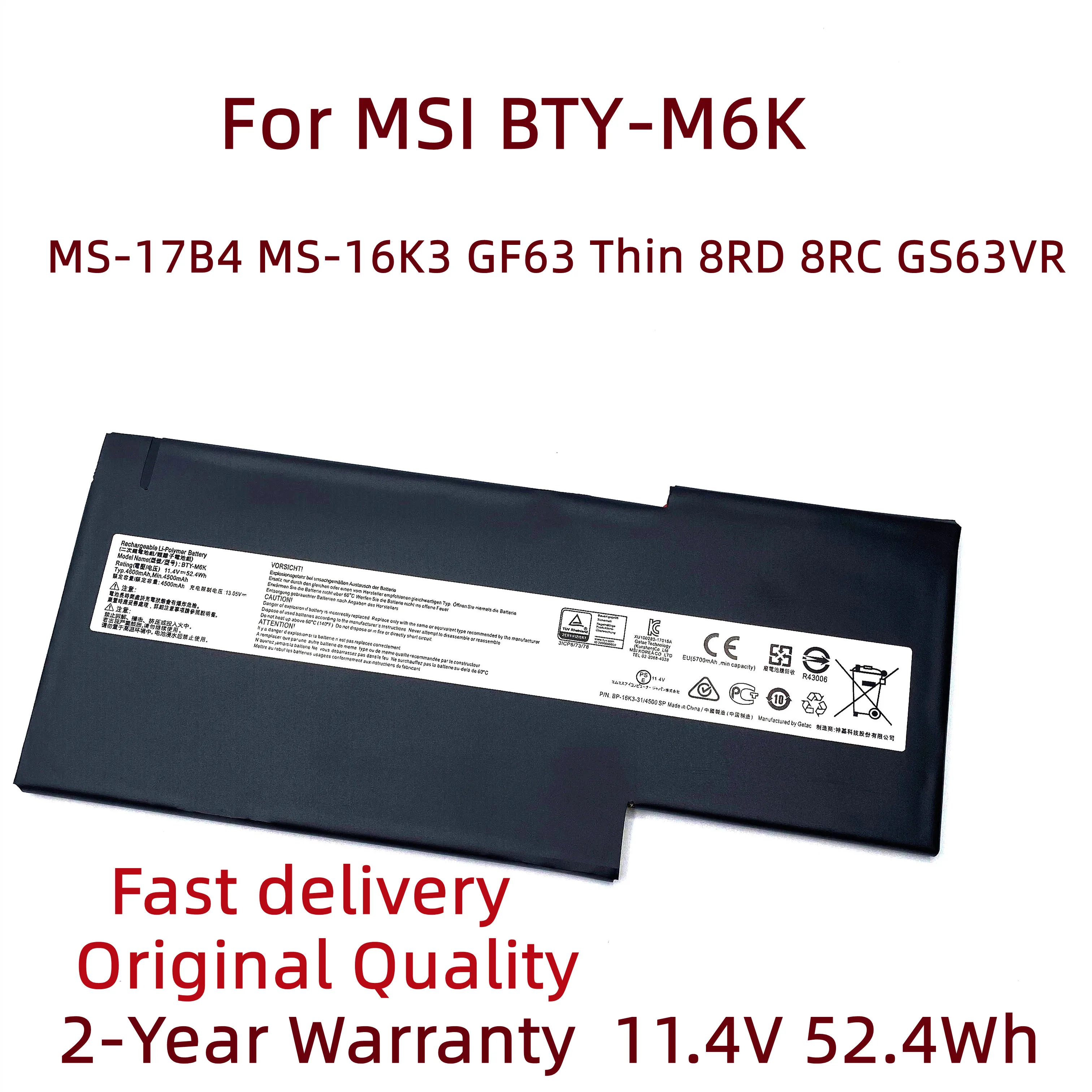 New BTY-M6K Laptop Battery For MSI MS-17B4 MS-16K3 GF63 Thin 8RD 8RC GF75 Thin 3RD 8RC 9SC GF65 GS63VR Thin 9SE/SX Thin 10SDR