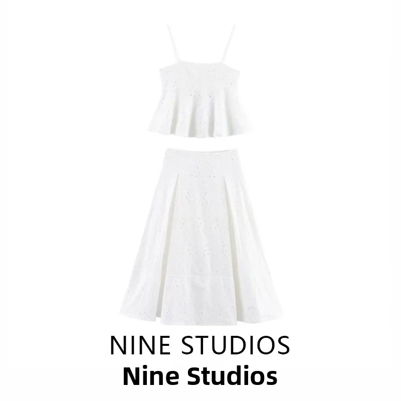 

NINE ZA Women's Embroidered Wave Wide Hem Top Cloak Skirt Two-Piece Set ort Sve round Ne Overhead Spring Faion