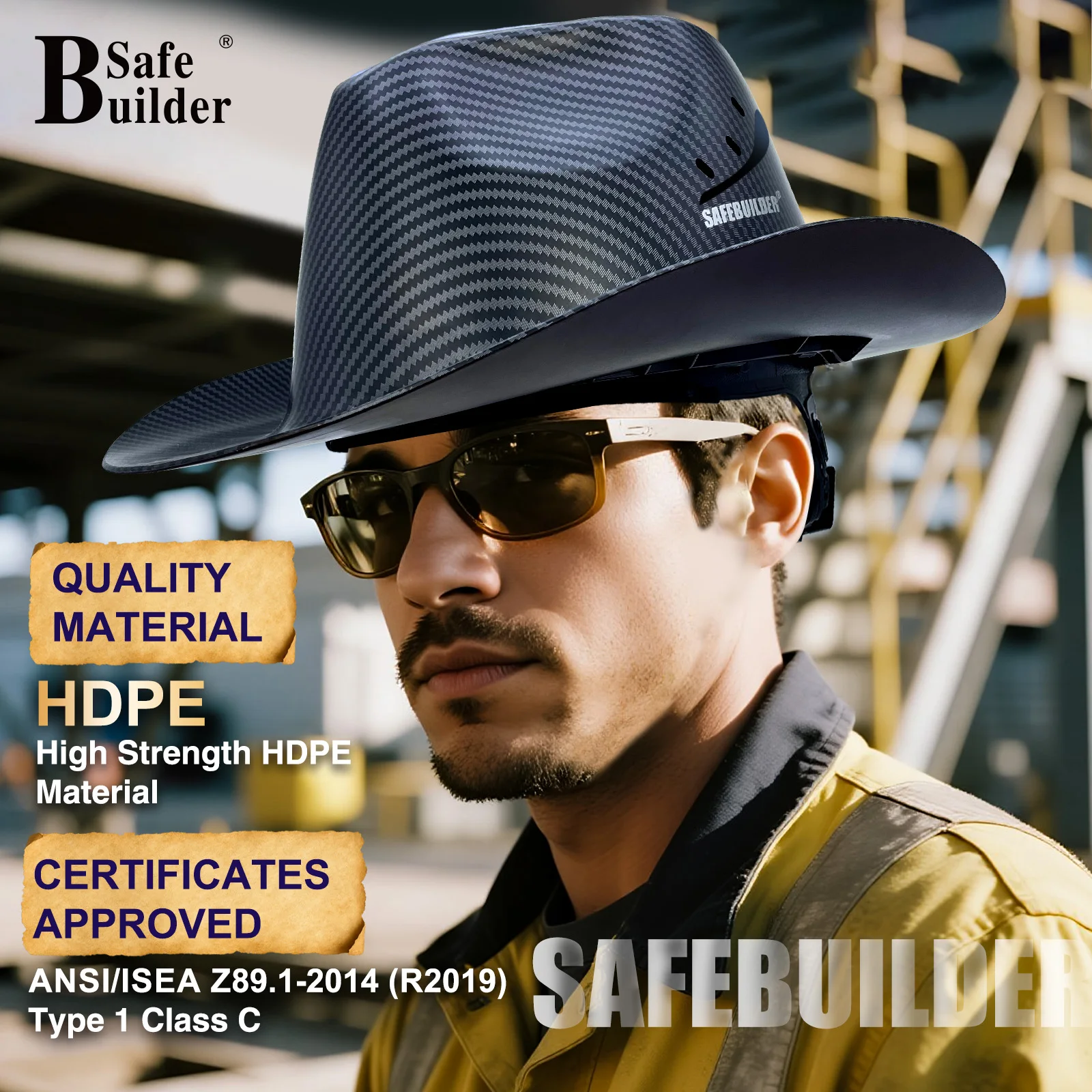 Capacete de segurança de cowboy ANSI Z89.1 Classe C com ventilação e aba completa para uso industrial de construção ao ar livre