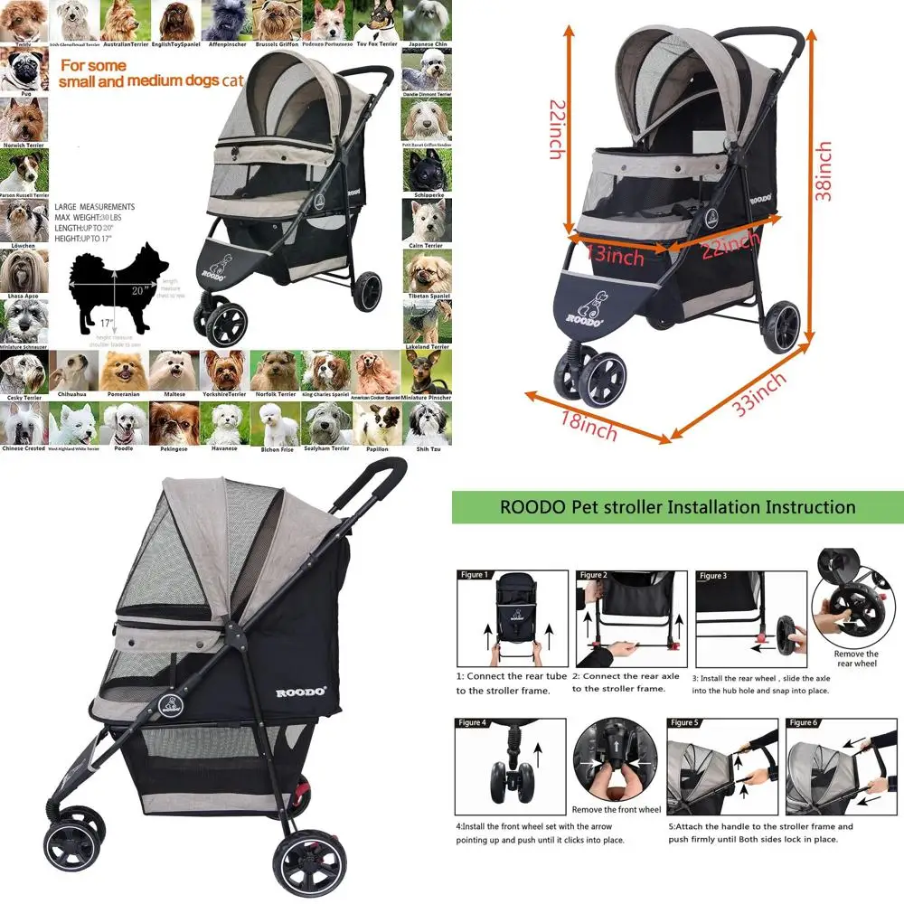 Lightweight Foldable All-Terrain Pet Stroller for Dogs & Cats up to 30lbs, Compact Travel-Ready, Suitable for Medium & Small Bre