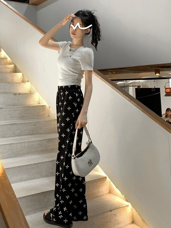 

Широкие брюки из ледяного шелка с цветочным принтом для женщин, летние, тонкие, легкие, свободного прямого кроя, в пол, повседневные