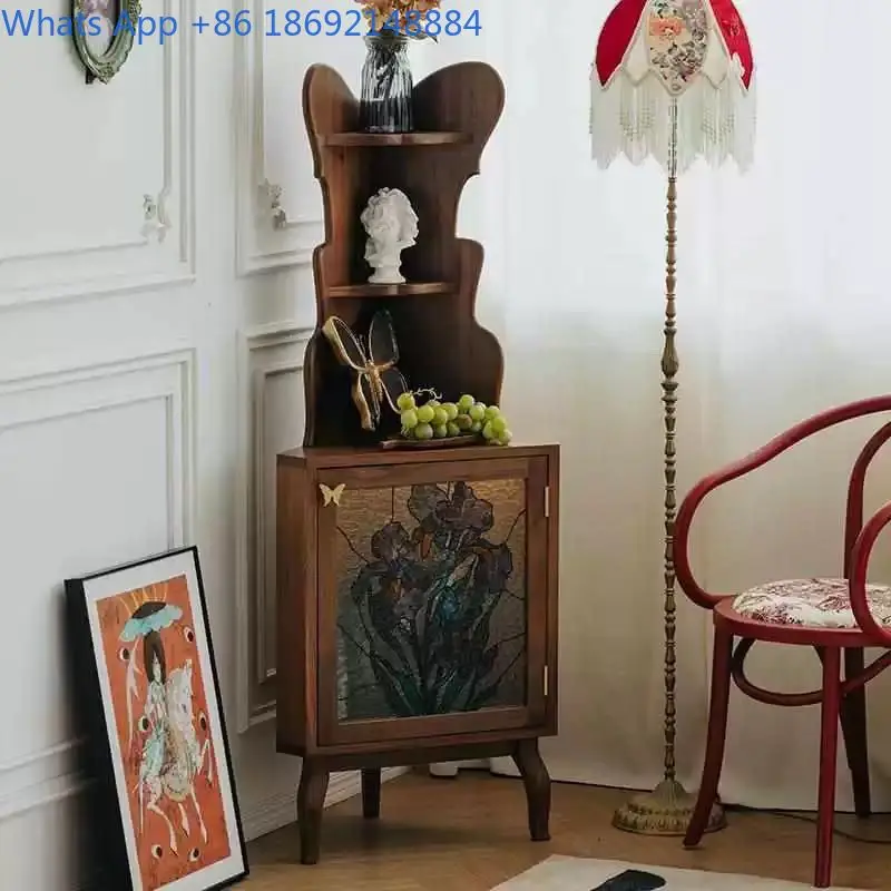 French Style Vintage Solid Wood Wall Mounted Storage Cabinet Sideboard for Living Room Sofa Corner Dining Room Bedroom Triangle