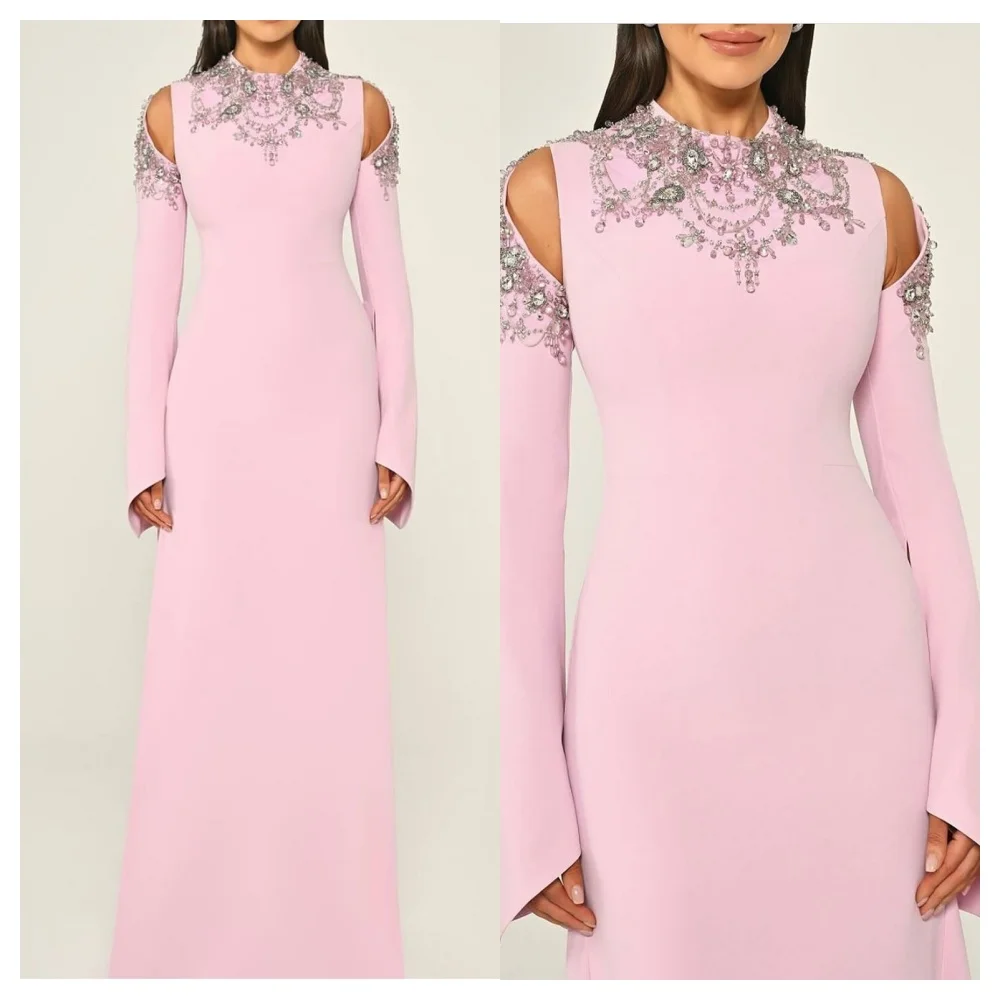angepasstCustomized Formale Rosa Jersey Abendkleid Temperament Rundhals Lange Ärmel Party Kleid Hohe Qualität Gerade Promi