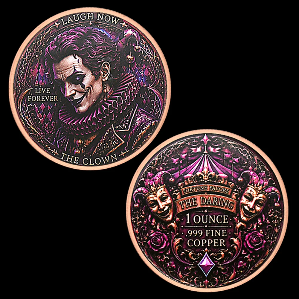 The Clown Commemorative Coin, Gothic Joker Jester Mask Antique Copper Collectible Medallion, Dark Circus Fantasy Souvenir Gift
