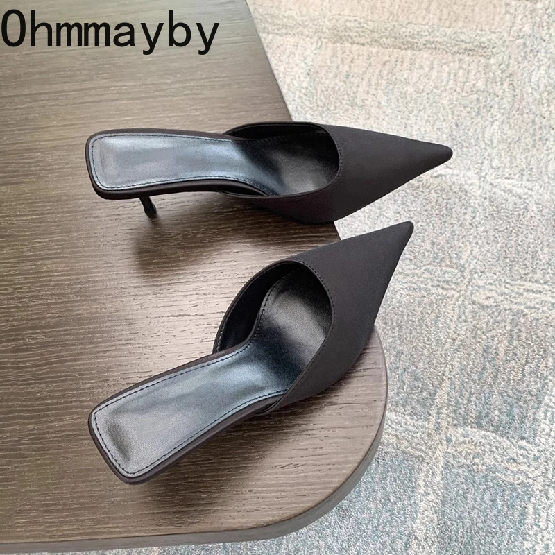 

2025 Spring Summer High Heel Women Mules Slippers Shoes Fashion Cover Toe Slip On Slides Sexy Club Stripper Shoes