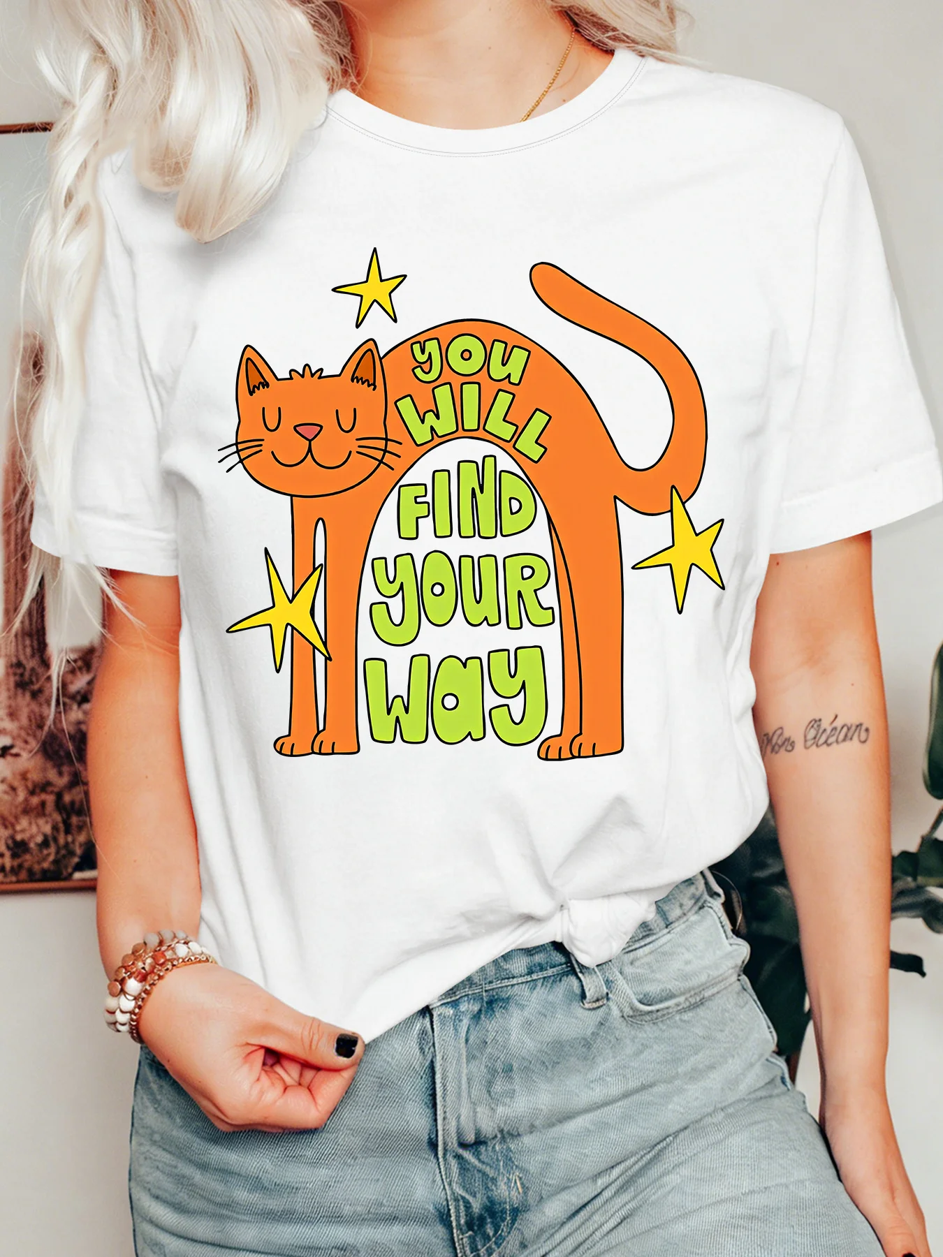 Positive Quote Cat Womens Crew Neck Short Sleeve T Shirt You Will Find Your Way Retro Cartoon Casual Graphic Tees For Ladies
