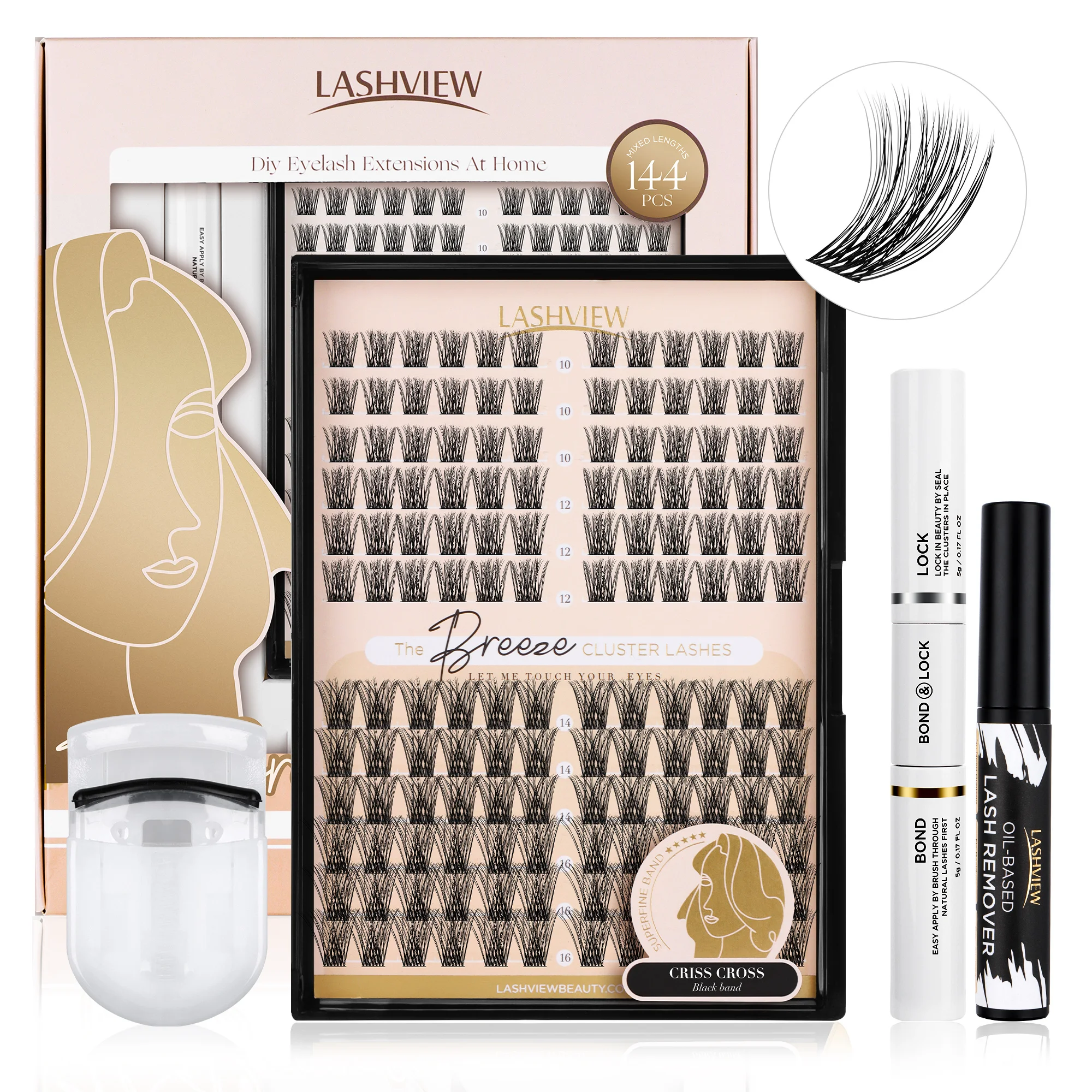 LASHVIEW DIY Eyelash Extension Kit 8-16mm 3D Effect Soft Lightweight Clusters with bond&lock and remover lower irritation