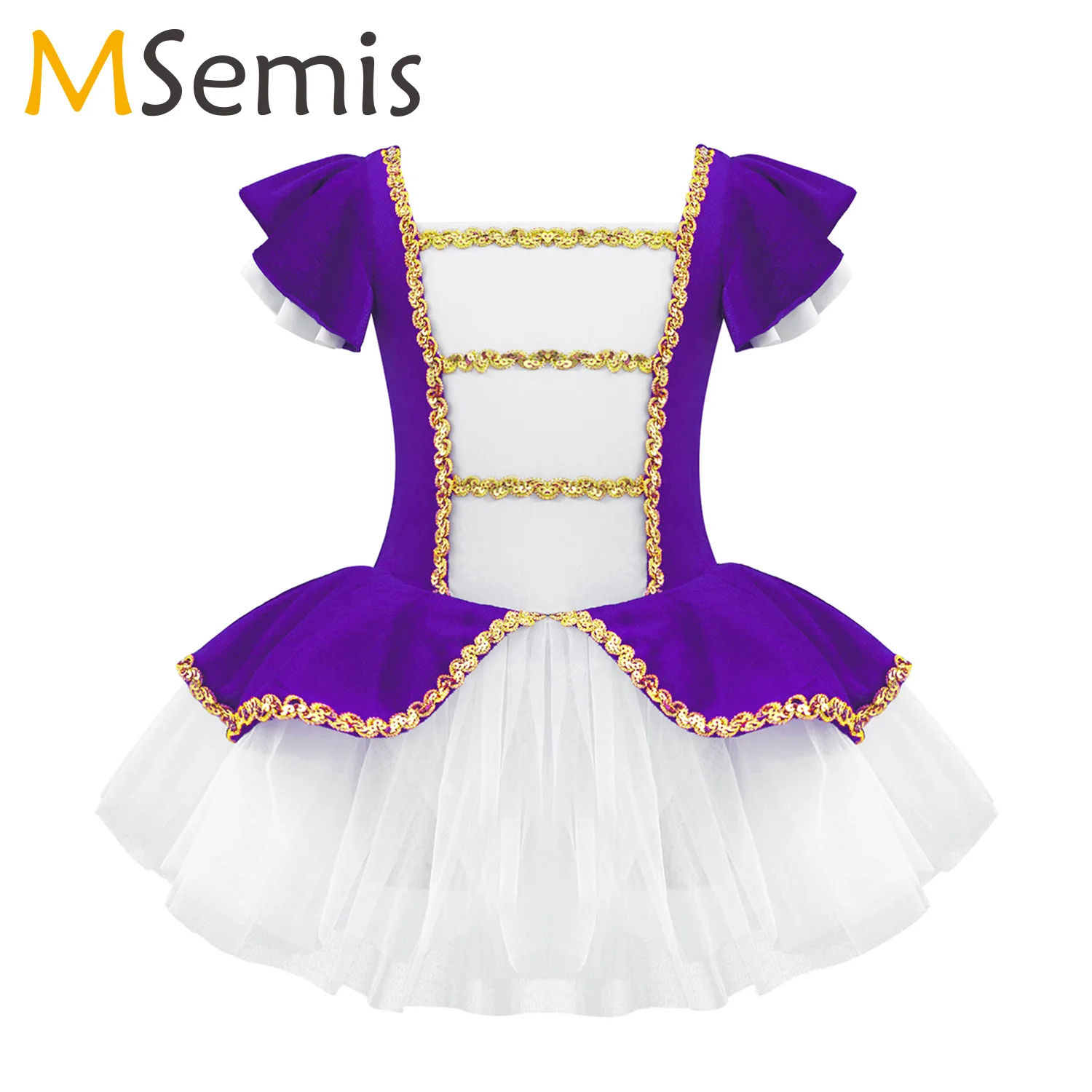 Kids Girls Ballet Leotard Dress Ballerina Tutu Dancewear Square Neck Sequin Figure Skating Competition Stage Performance Costume