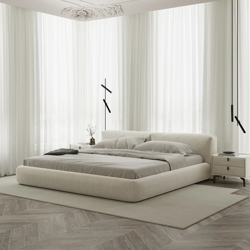 Italian wabi sabi minimalist tatami cream wind tofu block matte fabric  master bedroom double bed wedding bed