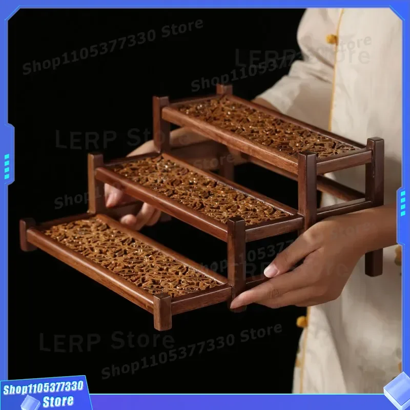 Solid Wood Walnut Ladder Shelf for Tea Set Storage Desktop Bogu Rack Multi Layer Cup Holder Drying Stand Chinese Style