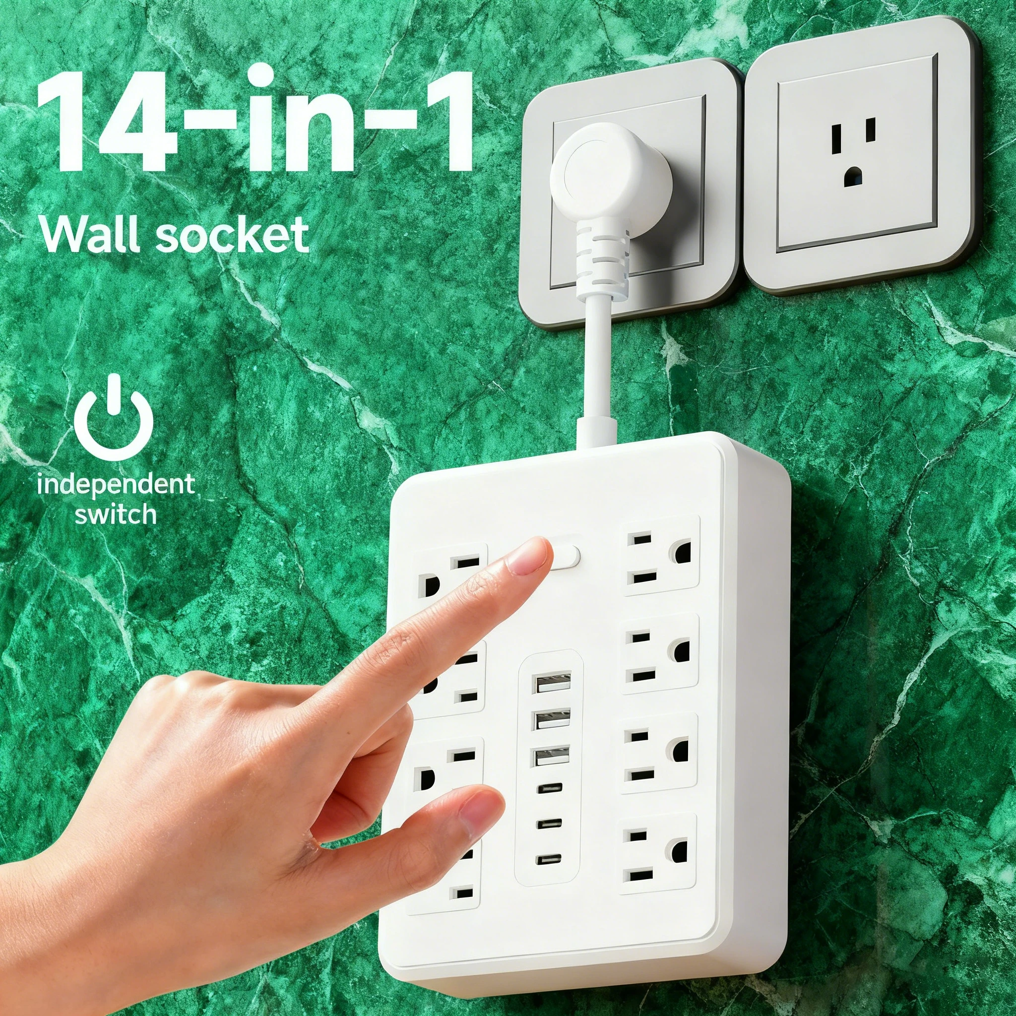 American 8-hole socket, 3 USB sockets (3 Type-C), multi-functional wall-mounted socket, overload protection, universal