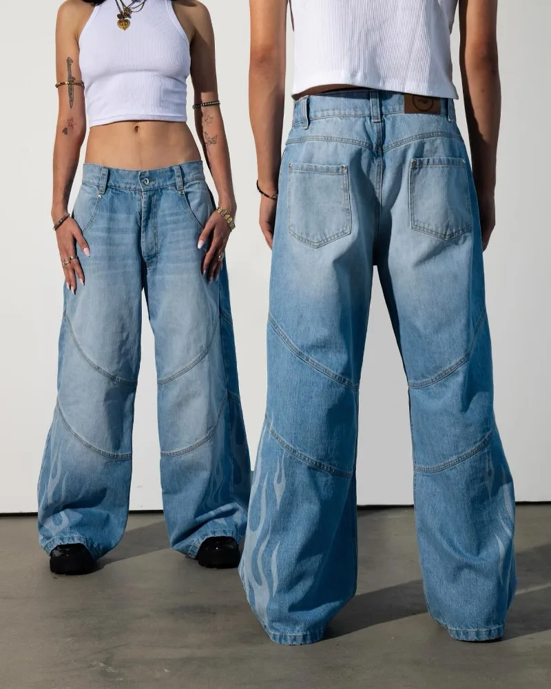 Y2k Europe and the United States new light blue flame print jeans women hip hop trend wide leg pants punk fashion baggy jeans