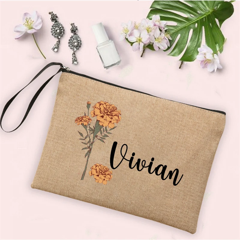 Personalised Birth Month Flowers Makeup Bag Travel Neceser Zipper Pouch Customized Name Toiletry Organizer Birthday Gift for Her