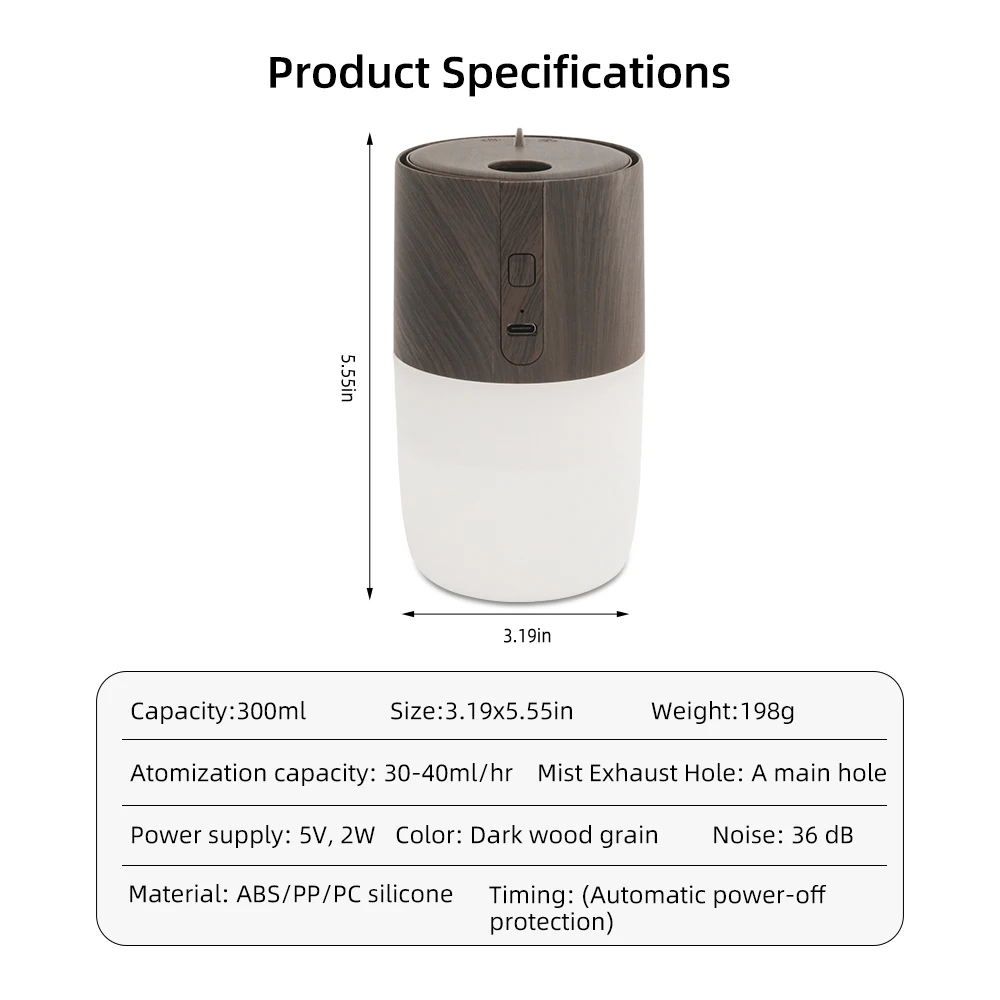 300ml Wood Grain Aromatherapy Diffuser with Humidifier, Air Purification & Soothing 7 Color LED Light  Includes 2 Essential Oils