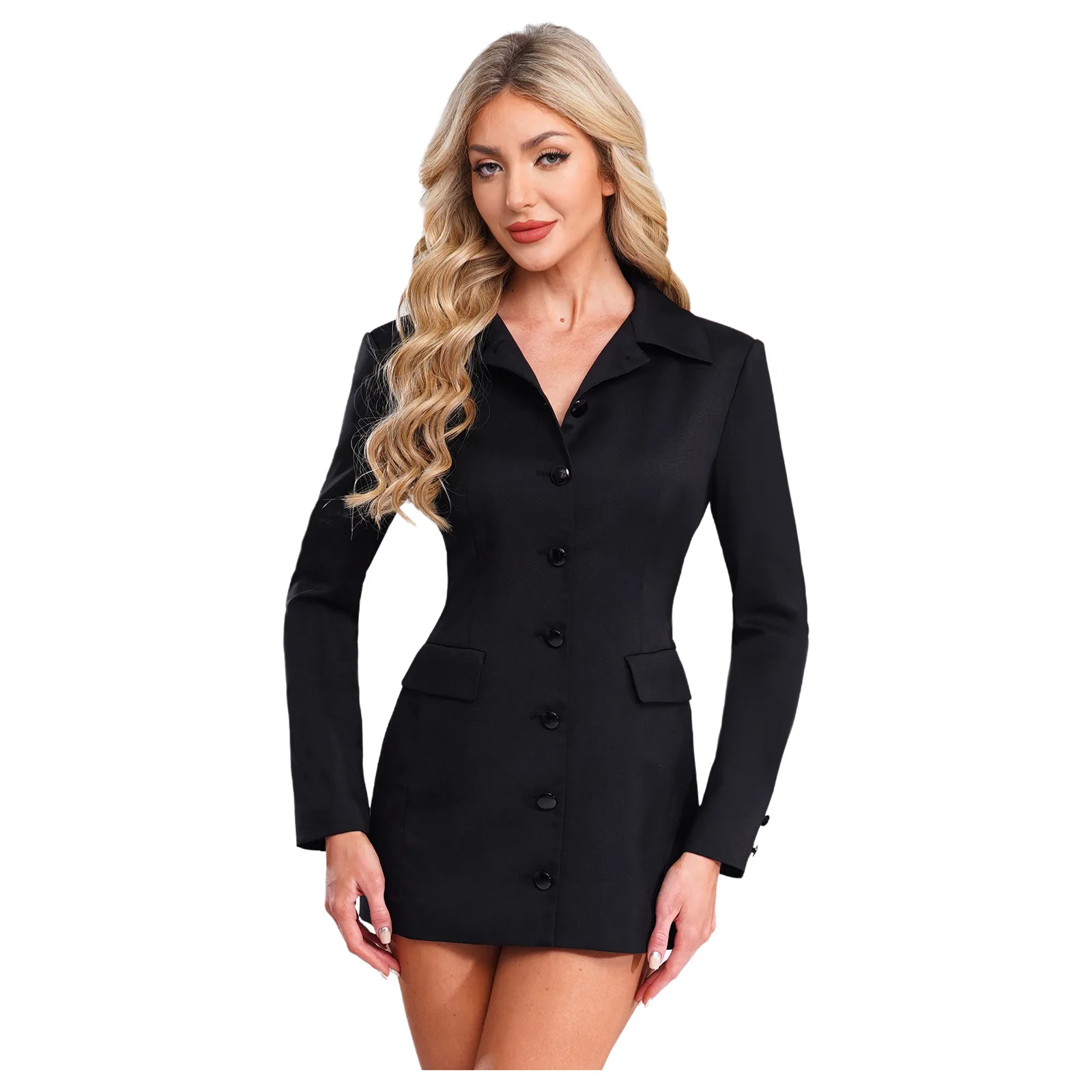 Elegancka damska sukienka-żakiet z długim rękawem, zapinana na guziki, z klapami, dopasowana mini sukienka, długie marynarki do pracy biurowej, formalne garnitury, sukienka.