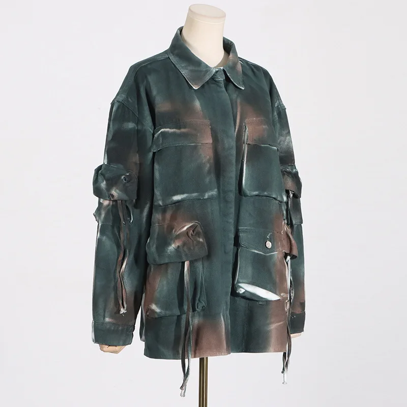 여성 가을 패션 루즈핏 카모플라주 데님 재킷 코트, 큰 포켓 스플라이싱 디자인 워크웨어 개성 스타일