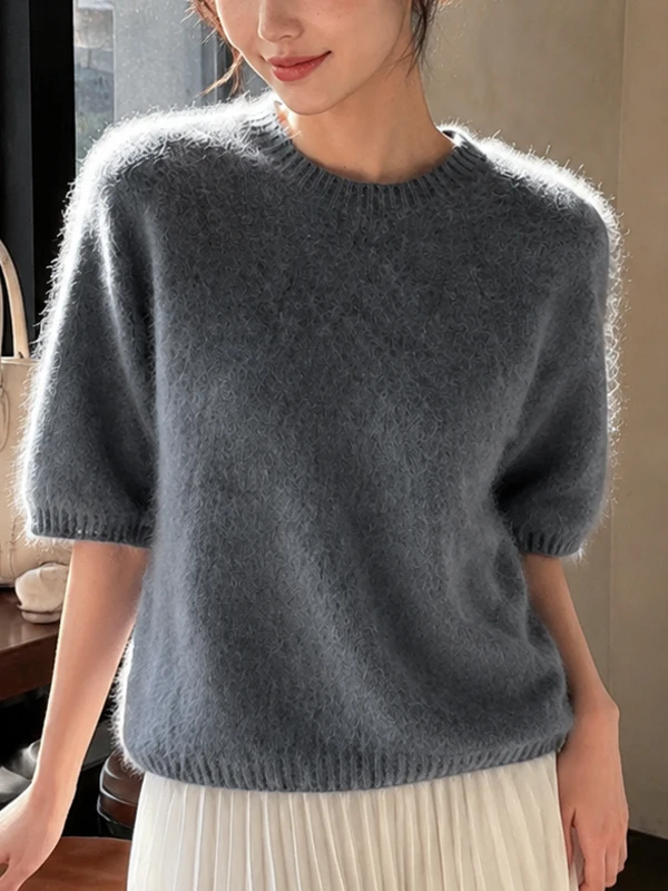 Autumn Winter Skin-friendly Lazy Style Wool Short Sleeve Fleece-lined Knitwear Women round Neck Short Loose Slimming Knitted Top