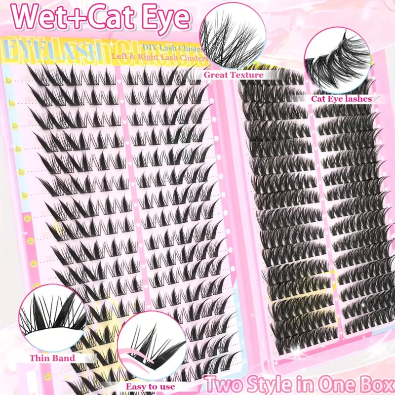 Katzenwimpern Manga Wet Wimpern-Verlängerungsset, Wimperncluster mit Bond- und Seal-Pinzettenbürste, individuelles Wimperncluster-Set