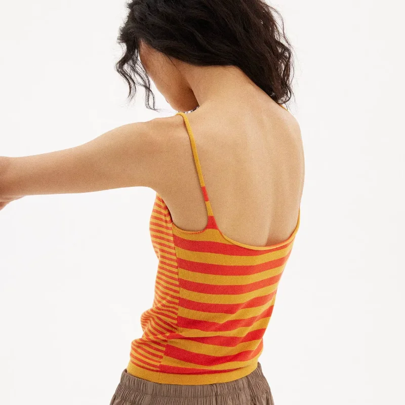 Summer Cool Thin Striped Orange Strap Concealing Accessory Breasts Large Collar Elastic Slimming And Slimming Short Top
