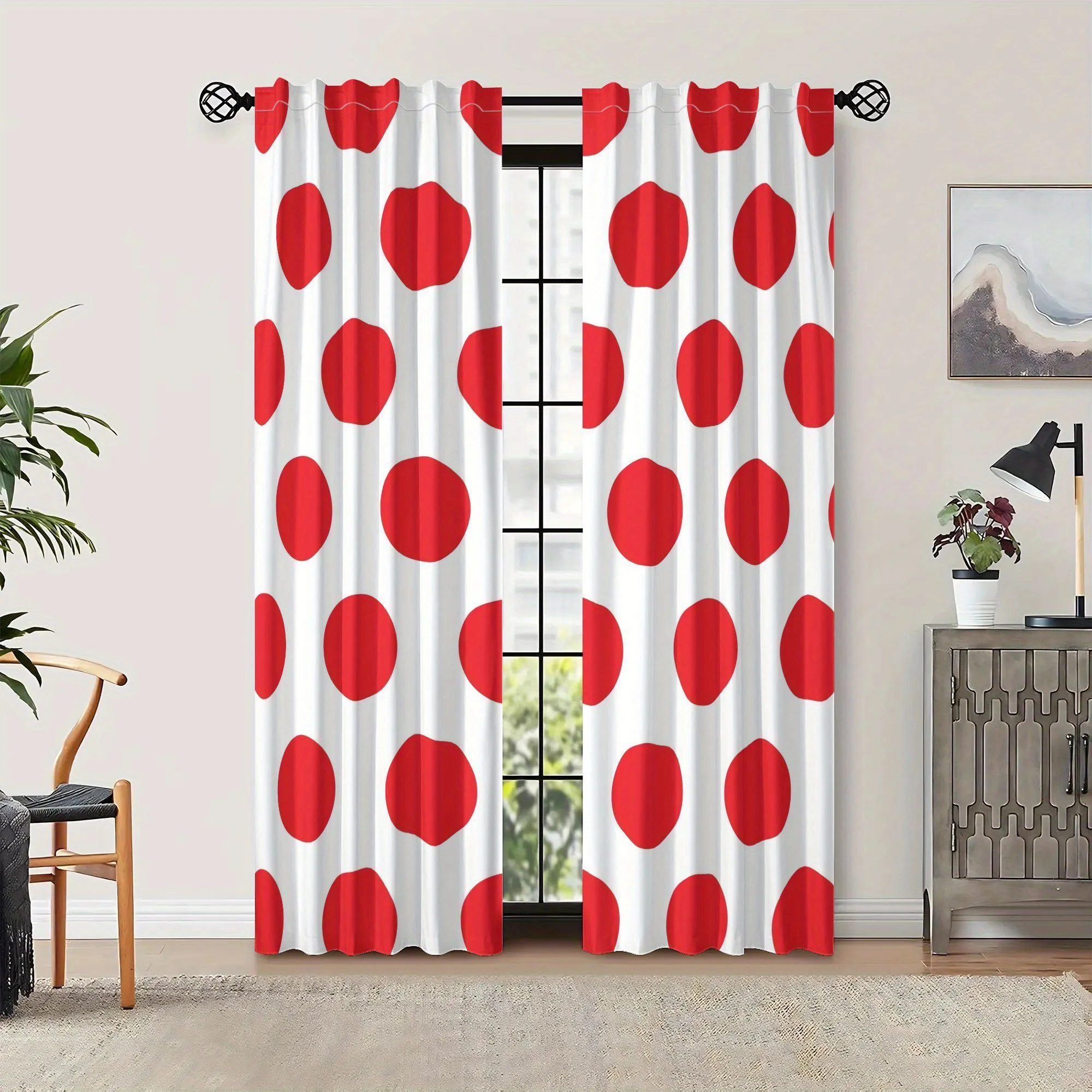 2pc Red polka dot curtains, polyester fabric, machine washable, suitable for living room and bedroom home décor.