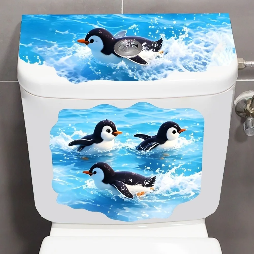 Self-Adhesive Toilet Sticker Removable PVC Vinyl Penguin Sticker Ocean Foam Theme Patterned Design Bathroom Decal