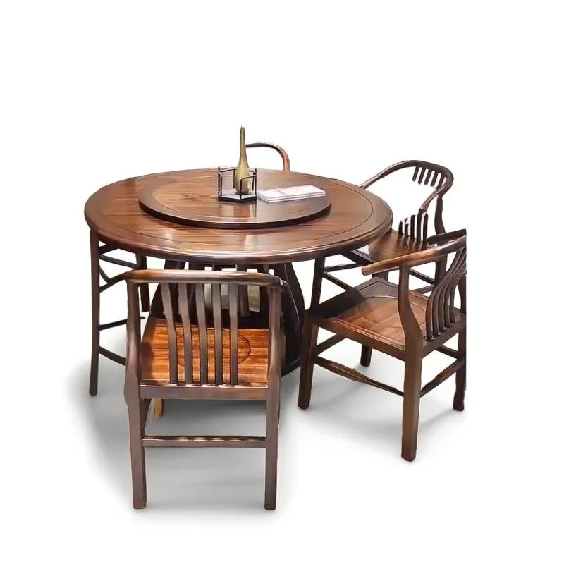 

Ebony solid wood dining table and chair combination modern minimalist with turntable