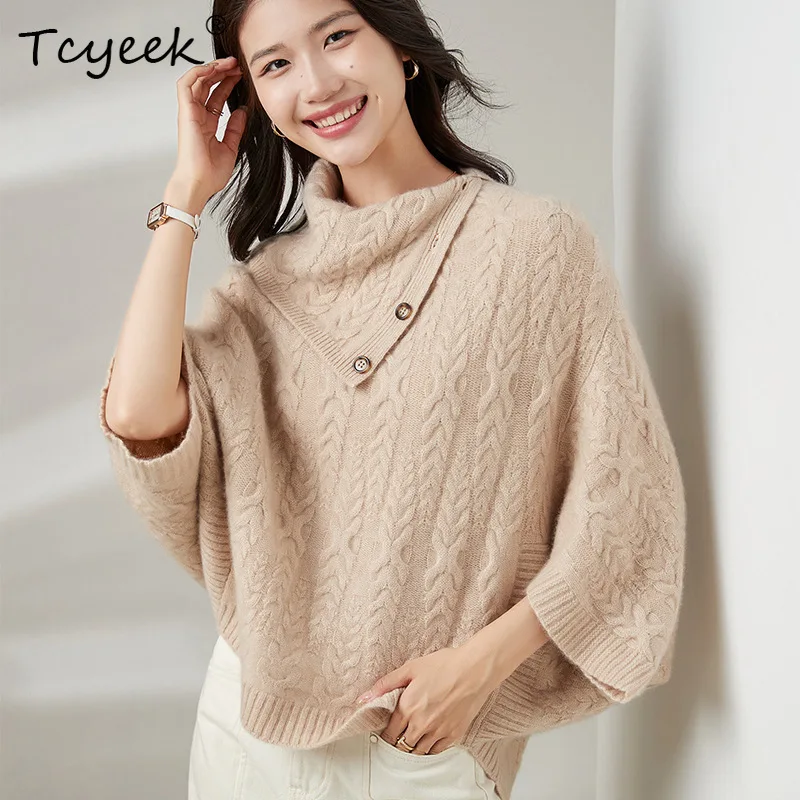 

Tcyeek, 100% Wool Sweater, Women's Heavyweight Twisted Flower High Neck Thick Pullover,Autumn And Winter New Top T48015KE