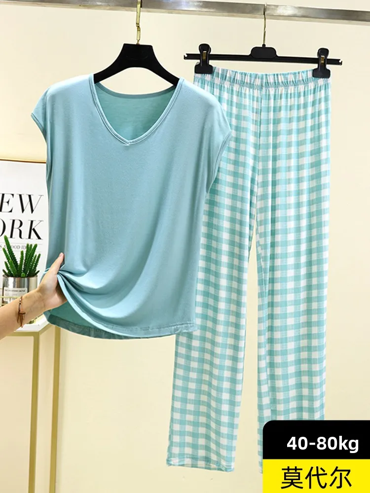 

Summer Modal Sleeveless T-Shirt Set Women Loose V-Neck Vest Pyjamas plus Size Slimming Plaid Home Clothes Casual Style