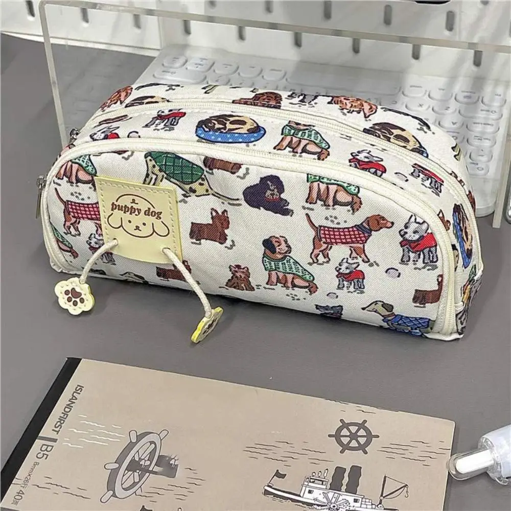 Puppy Print Pencil Case Creative Large Capacity Canvas Pen Bag Student Gift Stationery Organizer Stationery Bag