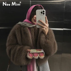 Neo Mint Chic Brand Icon Fashion Kendall Jenner Brown Gradient Faux Fur Jacket Women 2024 Winter New Luxury Cropped Fox Fur Coat