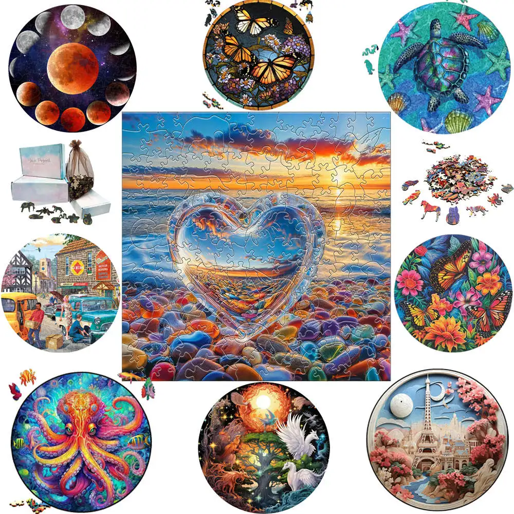 

High Quality Wooden Animal Puzzle Heart Landscape Map Wood Jigsaw Intelligent Brain Twister Toys for Kids Adults Holiday Gifts