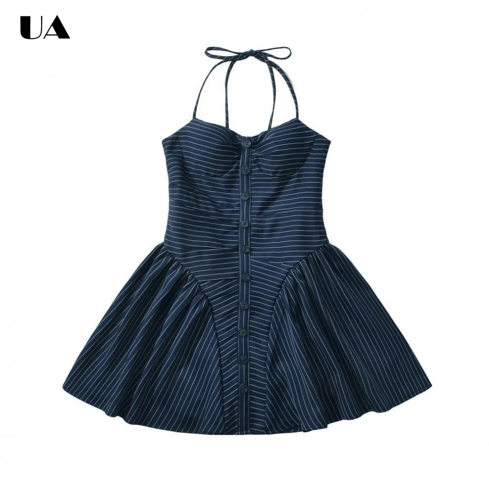 

Fashionable Fit-and-flare Halterneck Mini Prom Dress, Trendy Striped Sleeveless Short Dress, Hotsweet Lace-up Button Party Dress