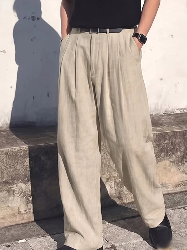 American Style Cotton Linen Workwear Men's Pants Double Fold Design Loose Straight Leg Long Breathable Suit Pants