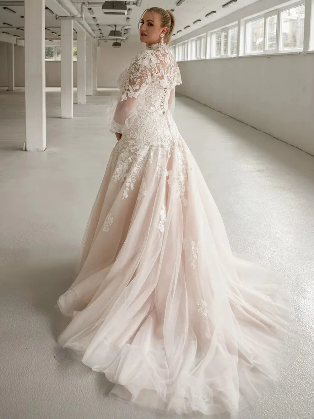 High Neck Illusion Cape Long Bell Sleeve Wedding Dress Sweetheart Plunging Lace Applique Bodice Tulle Ball Gown with Train