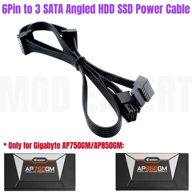 6Pin to 3 SATA Male Right Angle HDD SSD Power Supply Cable for Gigabyte AORUS P750W AP750GM, P850W AP850GM Gold Modular Power