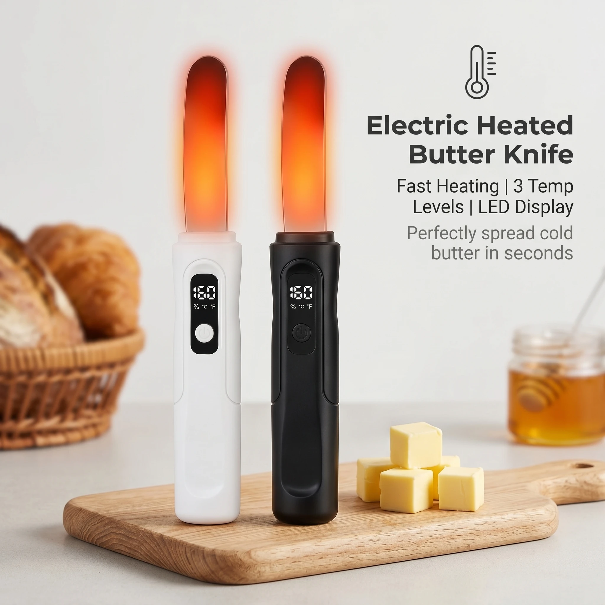 Rechargeable Electric Butter Spreader 3 Temp Settings 50C 60C 70C Celsius Fahrenheit Switch Cordless Warming Knife Waterproof
