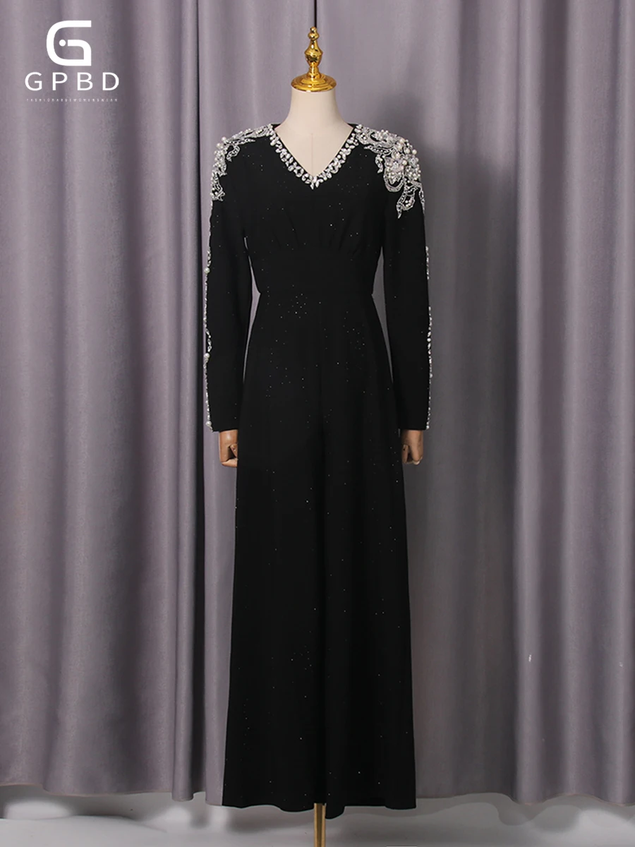 

Однотонные элегантные комбинезоны с бисером для женщин, v-образный вырез, длинные рукава, высокая талия, темпераментный женский комбинезон, новый