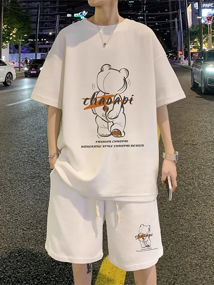 

Летний повседневный комплект из футболки и шорт для подростков, свободный крой, двухкомпонентный костюм, модный наряд для мальчиков-подростков