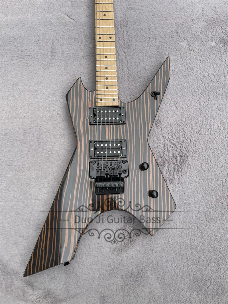 Zebra Wood Electric Guitar Roasted Flamed Maple Neck Tremolo Bridge HH Pickups Black Tuners