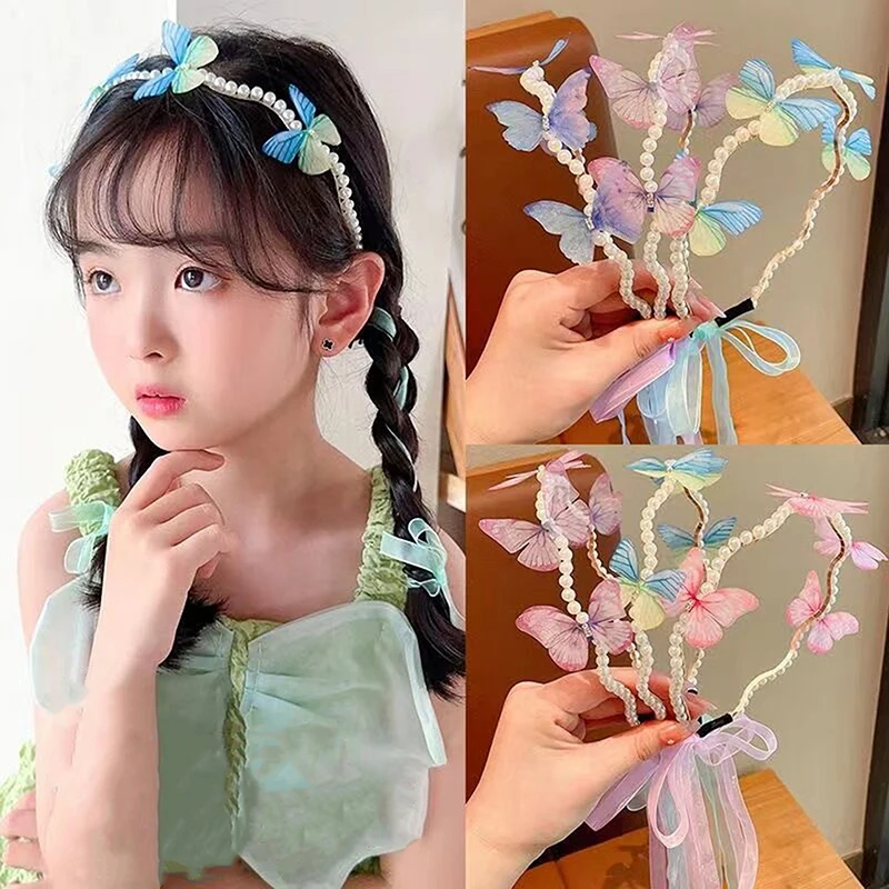 1PC Butterfly Headband Children Streamer Hair Hoop Baby Cute Princess Female Pearl Hairband Finishing Hairpin Hair Accessorie